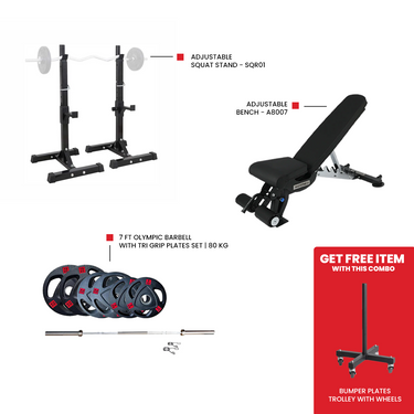 Adjustable bench A8007 for home gym workout 7 Ft Olympic Barbell with Tri Grip Plates Set | 50 kg  Adjustable Squat Stand - SQR01
